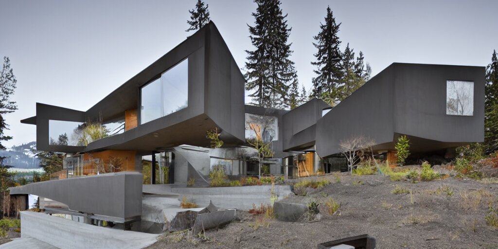 large futuristic residence, pacific northwest, gray concrete, large windows, angular features, incorporating metal