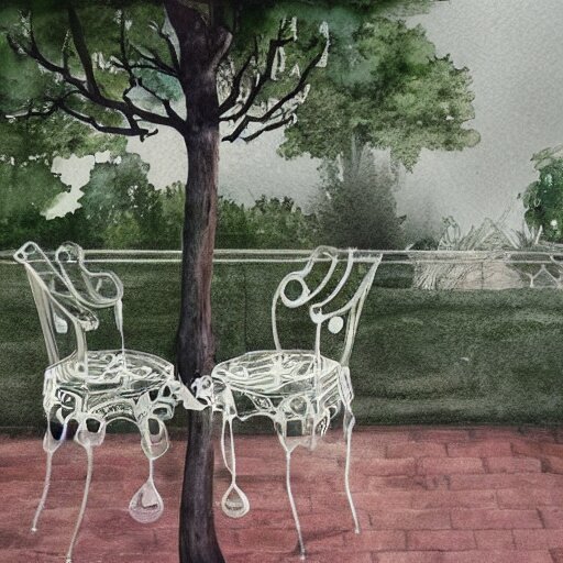 delicate, chairs, garden, paved, botanic watercolors, iridescent, 8 k, realistic shaded, fine details, artstation, italian, iron gate, tree, mediterranean, alien world 