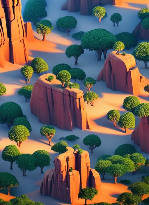 a low poly isometric render of socotra island with dragon trees in the style of monument valley, intricate, elegant, smooth shading, soft lighting, illustration, simple, solid shapes, by magali villeneuve, jeremy lipkin and michael garmash, rob rey and kentaro miura style, octane render, midsommar 