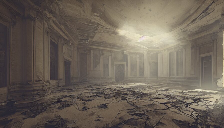 abandoned capitol with cobwebs, dusty dirty floor, collapsed ceiling, flying dust particles, light through, hyperdetailed, artstation, cgsociety, 8 k 