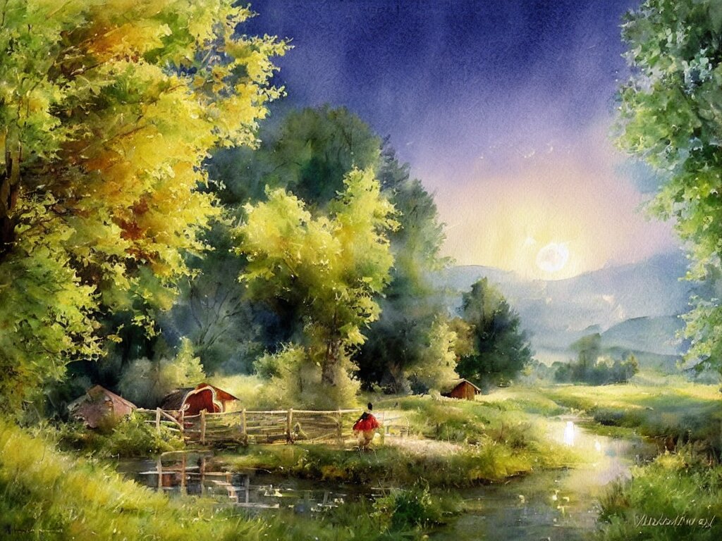 a beautiful night in the swedish countryside, watercolor painting by vladimir volegov 