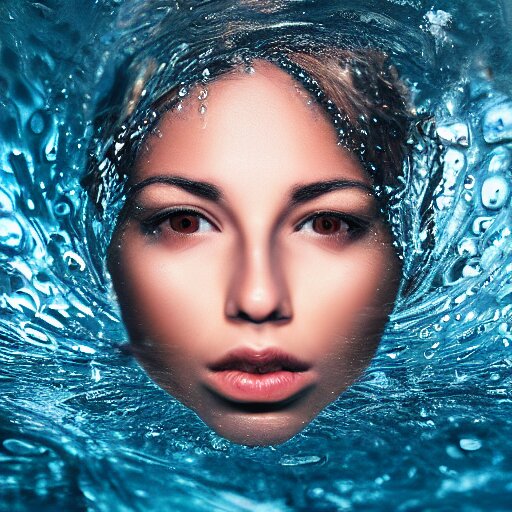 water artwork manipulation in the shape of a beautiful female head, on the ocean water, ray tracing, realistic water sharp focus, long shot, 8 k resolution, cinematic, realistic water art 