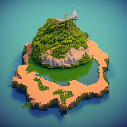 a floating island on an aquatic environment isometric art, lago di sorapis landscape, low poly art, game art, artstation, 3D render, high detail, cgsociety, octane render, sharp focus