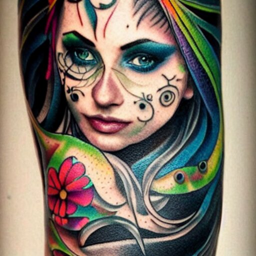 tattoo on female face, epic, colorful, beautiful, intricate detail