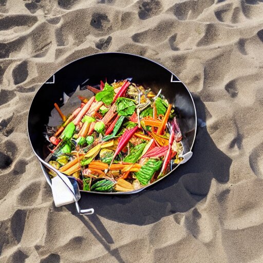 a rectangle-shaped wok with no food in it, on the beach