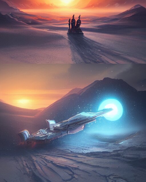 legendary space ship, ice fish shape, desert planet, cinematic, highly detailed, scifi, intricate digital painting, sunset, red glow, illustration, artstation, by johnson ting, jama jurabaev 