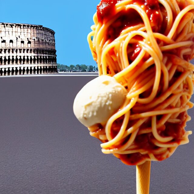 spaghetti with sauce on an ice cream cone with the colosseum in the background, realistic render, award - winning, artstation, blender, food photography 