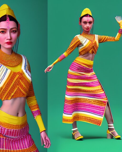 a beautiful cute girl wearing modern stylish costume in the style of Assamese bihu mekhela sador gamosa design, commercial fashion design art by Victor Nizovtsev, face by artgerm and daz3d genesis iray, cinematic lightning, medium shot, mid-shot, slim female figure ramp walk model pose, highly detailed, trending on Artstation, Unreal Engine 4k, cinema 4d ray traced 8k fabric texture details, octane render