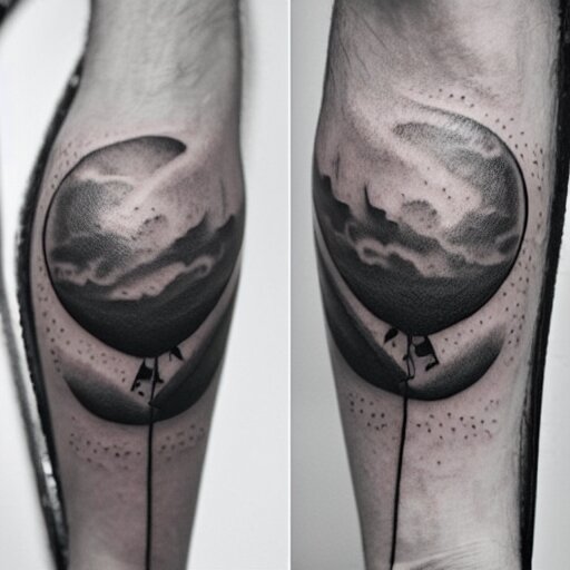 a tattoo of multiple small balloons floating up, tattoo art, black and white tattoo,