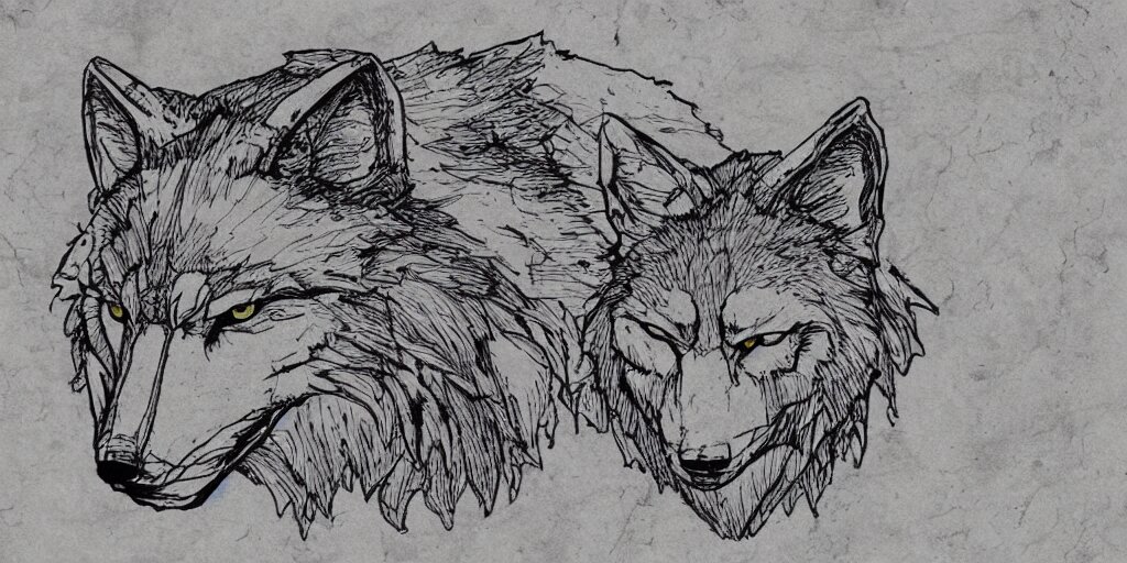 face of a wolf in the style of a medieval fantasy map, mountains, forests.  Skyrim, Lord of the Rings map, Zelda Breath of the Wild map, drawing on parchment