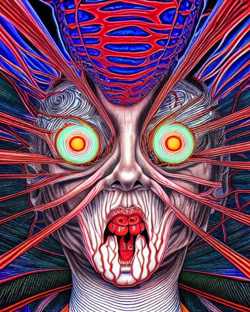 human spirit breaking away from the body, conjuring psychedelic background, part by shintaro kago, part by alex gray, ross tran, james jean, ultra realistic, highly detailed, 8 k, trending on artstation, symmetry 