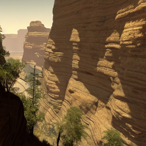 canyon in between mountains, unreal engine, high detail, realism, award winning, detailed lighting