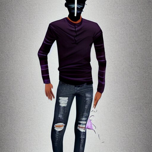 professional sketch of a full-body view of a stylish young adult man with short hair wearing a black face mask, a striped long-sleeved shirt, and ripped jeans, high quality, HD, 8K, highly detailed, award-winning, dark purple clouds