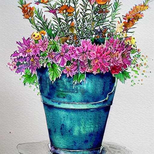 a beautifull intricate watercolor painting of potted planter with flowers inside sitting on wet sidewalk, reflexions, high details by stephanie law art 