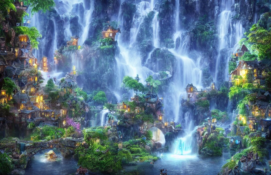 magical fantasy town, background : giant bioluminscent waterfall, quaint vibes, epic fantasy, ultra hd render + 4 k uhd + immense detail + very crisp and clear image 