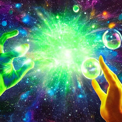 a hand holding a bunch of glass bubbles in a cosmos space full of stars and vibrant clouds, volumetric light, green and yellow colors, digital art, artstation 