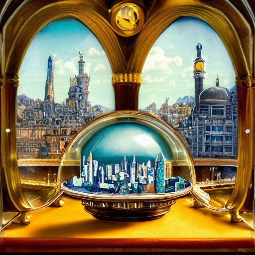 still life painting of a miniature tabletop art deco city under a glass dome, by paulette tavormina and clara peeters and vermeer, cool color - scheme with blues and greens, hyper realistic, detailed, beautiful lighting 