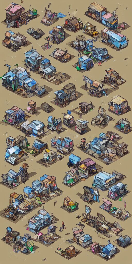 junkyard slum houses and shops. pixel art asset sheet. isometric perspective. concept art. science fiction. 