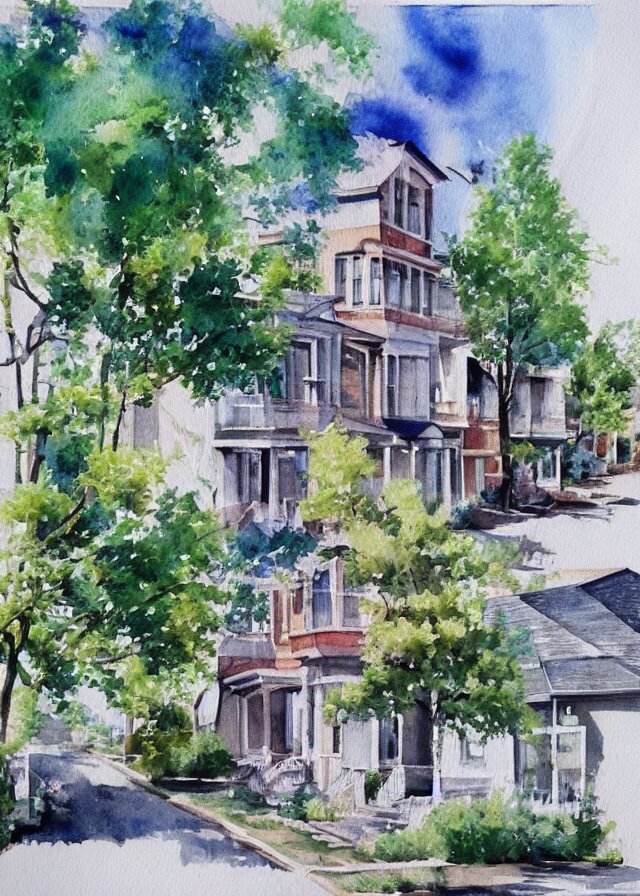 street lined with old residential houses summer watercolor by arti chauhan trending on artstation 