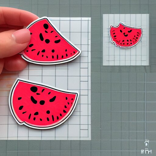 hand holding cartoon diecut sticker of cute kawaii watermellon slice with white border and light gray background