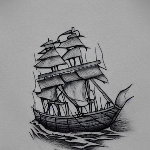 pirate ship on a deserted island, realism tattoo drawing, hyper realistic, shaded