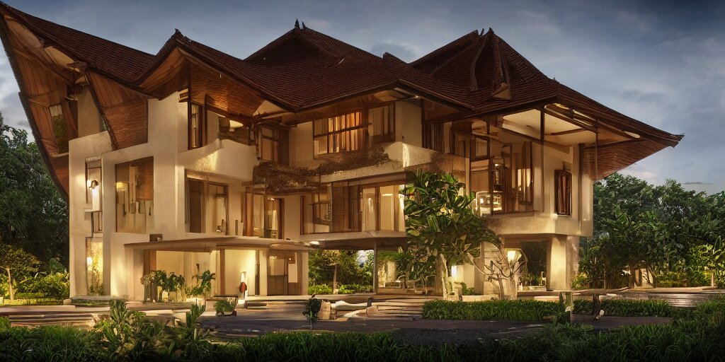 3d rendering  of beautiful nature meets architecture concept of a residential house. balinese architecture, volumetric lighting, luxury, high detail, 14mm, cinematic photography, cg architects,  high resolution