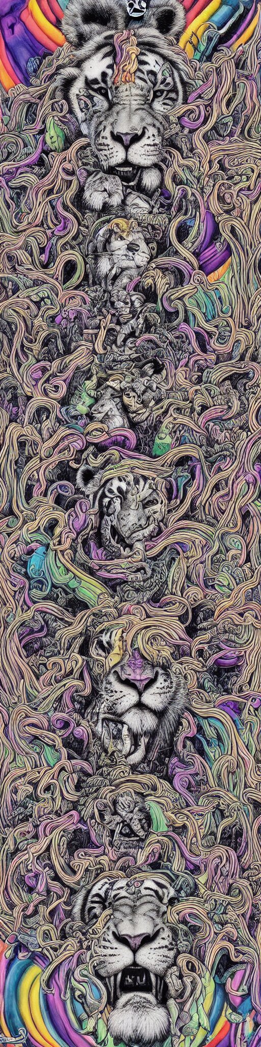 lions and tiger and bears dissolving into melted liquid braids, cubensis, aztec, basil wolverton, r crumb, hr giger, mc escher, dali, muted but vibrant colors, rainbow tubing, 