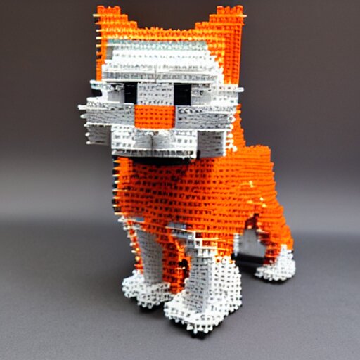 smiling orange scratch cat walking, 10,000 piece LEGO sculpture by master builder