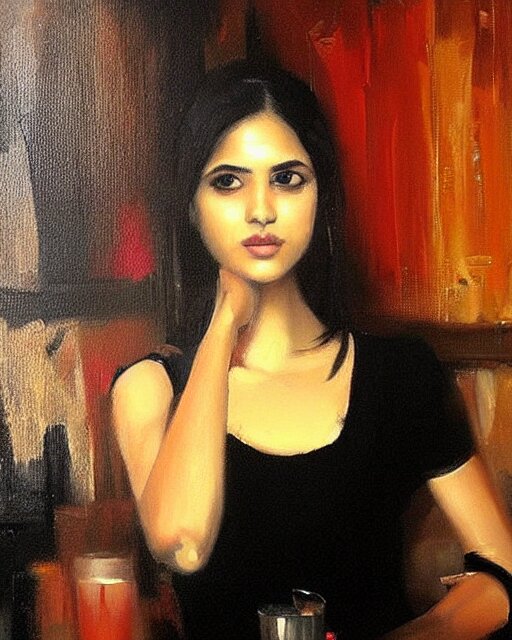 beautiful portrait painting an gorgeous delhi girl wearing a little black dress at a bar, oil painting, art by ruan jia 