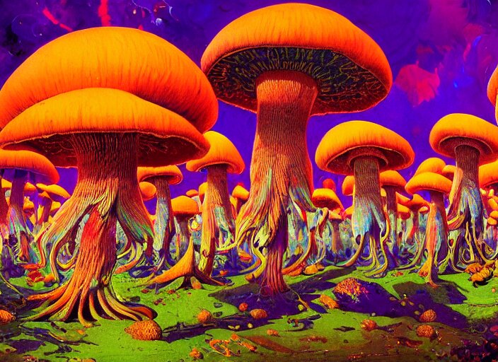 A psychedelic portrait of you are attacked by a group of crooked mushroom theurges , vibrant color scheme, highly detailed, in the style of romanticism, cinematic, artstation, Moebius, Greg rutkowski futurism, no blur, 4k resolution, sharp ages, ultra detailed, style of John Berkey, Norman Rockwell, Hans Thoma, Ivan Shishkin, Tyler Edlin, Thomas Kinkad