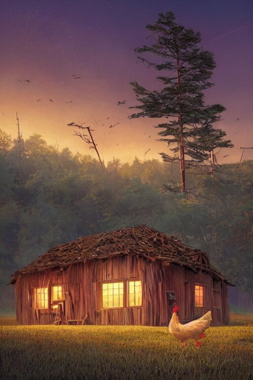 an awesome twilight day concept art of old hut with chicken legs, by kengo kuma and wes anderson with village, mixed development, cgsociety, fantastic realism, artstation hq 