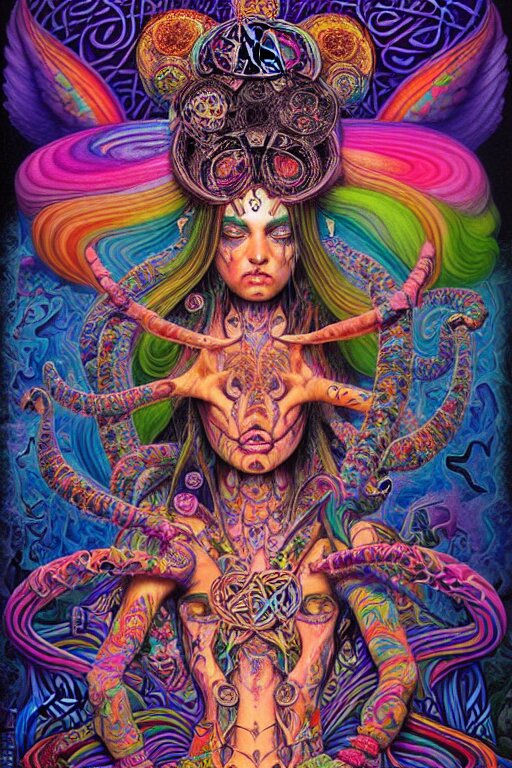 psychedelic shaman, lisa frank, wearing celtic tattoos, inside an epic, ancient temple, ayami kojima, greg hildebrandt, mark ryden, hauntingly surreal, eerie vibrating color palette of charlie immer, highly detailed painting by, jenny saville, soft light 4 k 