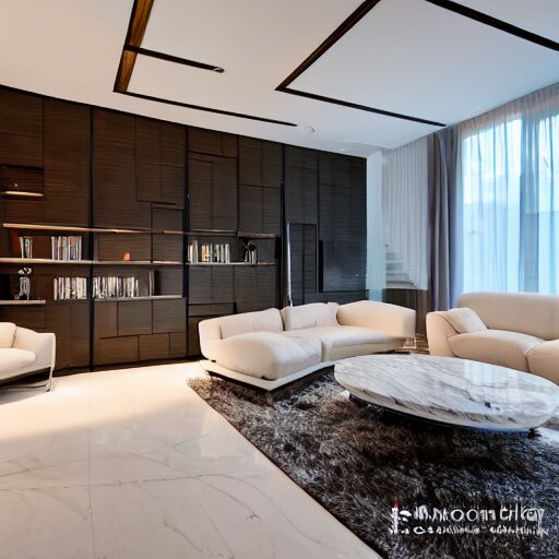 A modern living room with a beautiful white marble table between 2 white sofas ,on the left of the living room there are floor to ceiling glass window and on the right of the living room there are wooden stairs to the second floor, 8k resolution, professional interior design photograph