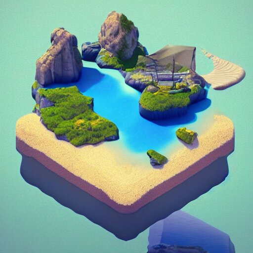 a floating island on an aquatic environment isometric art, south america landscape, low poly art, game art, artstation, 3D render, high detail, cgsociety, octane render