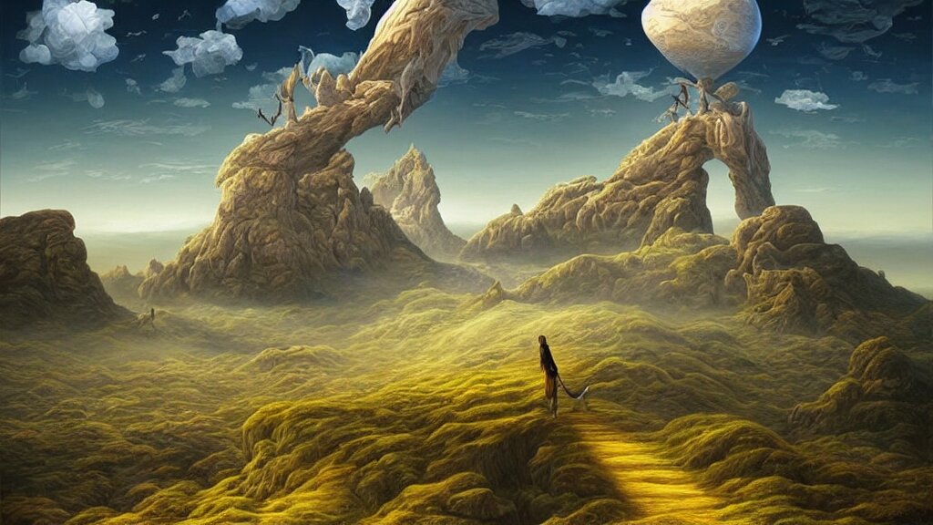 fantasy landscape with anthropomorphic!!! terrain!!! in the styles of igor morski, jim warren, and rob gonsalves, intricate, hyperrealistic, volumetric lighting, big sky, distinct horizon 