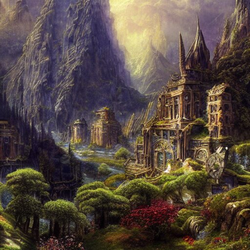 a beautiful and highly detailed epic oil painting of an elven city in the mountains, lush valley, beautiful trees, ancient stone runes, intricate details, epic scale, insanely complex, 8 k, sharp focus, hyperrealism, fantasy landscape, psychedelic, by caspar friedrich, brian froud, albert bierstadt, 