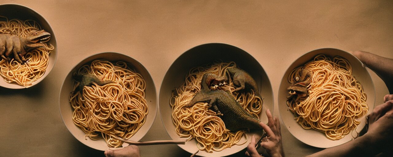 two dinosaurs fighting to the death, inside a bowl of spaghetti, canon 5 0 mm, cinematic lighting, photography, retro, film, kodachrome 