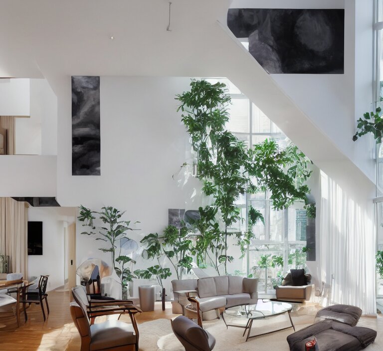 interior of luxury condominium with minimalist furniture and lush house plants and abstract wall paintings | modern architecture by makoto shinkai, ilya kuvshinov, lois van baarle, rossdraws and frank lloyd wright 