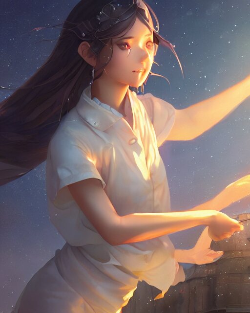 goddess pulling meteors from the sky, ambient lighting, full shot, detailed face, 3 d shading, by makoto shinkai, stanley artgerm lau, wlop, rossdraws 