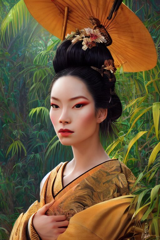 stunningly beautiful, peruvian geisha prima ballerina in jungle, symmetrical face, golden hour, smooth, focus, highly detailed, hyper realistic, dramatic lighting, elegant, intricate, concept art, art by wlop, mars ravelo, greg rutowski, artstation 