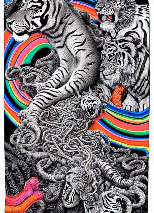 lions and tiger and bears dissolving into melted liquid braids, cubensis, aztec, basil wolverton, r crumb, hr giger, mc escher, dali, muted but vibrant colors, rainbow tubing, ribbons and folds 