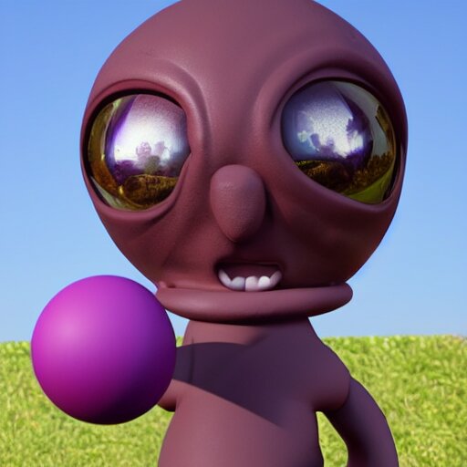 photo of a clay model of character with large spherical purple head and tiny eyes with comically tiny body and spindly limbs leans close to the camera, fish eye lens, 4 k, hyper realistic, hyper detailed face, octane render 