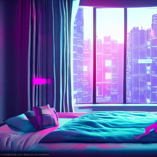 inside a girl room, cyberpunk vibe, neon glowing lights, sharp