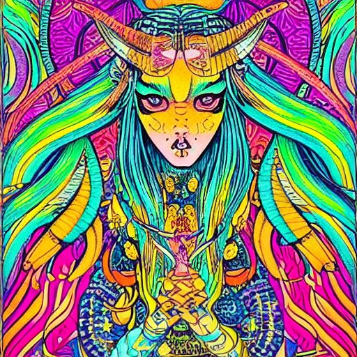 hatsune miki, intricate, amazing line work, cosmic, psychedelic, cheerful, colorful, tarot cards, the devil tarot card