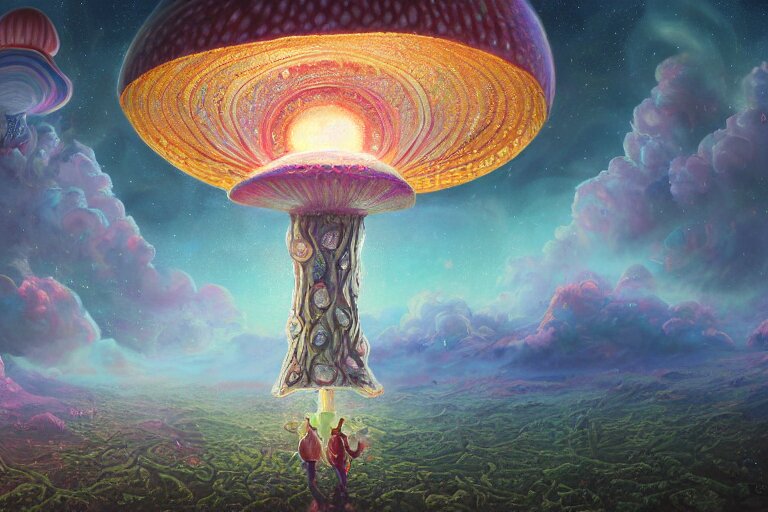 trippy cosmic mushroom, oil on canvas, intricate, portrait, 8k highly professionally detailed, HDR, CGsociety, illustration painting by Mandy Jurgens and Małgorzata Kmiec and Dang My Linh and Lulu Chen and Alexis Franklin and Filip Hodas and Pascal Blanché and Bastien Lecouffe Deharme, detailed intricate ink illustration, heavenly atmosphere, detailed illustration, hd, 4k, digital art, overdetailed art, concept art, complementing colors, trending on artstation, Cgstudio, the most beautiful image ever created, dramatic, subtle details, illustration painting by alphonse mucha and frank frazetta daarken, vibrant colors, 8K, style by Wes Anderson, award winning artwork, high quality printing, fine art, gold elements, intricate, epic lighting, very very very very beautiful scenery, 8k resolution, digital painting, sharp focus, professional art, atmospheric environment, art by artgerm and greg rutkowski, by simon stålenhag, rendered by Beeple, by Makoto Shinkai, syd meade, 8k ultra hd, artstationHD, 3d render, hyper detailed, elegant, by craig mullins and marc simonetti, Ross Tran and WLOP, by Andrew Wyeth and Gerald Brom, John singer Sargent and James gurney