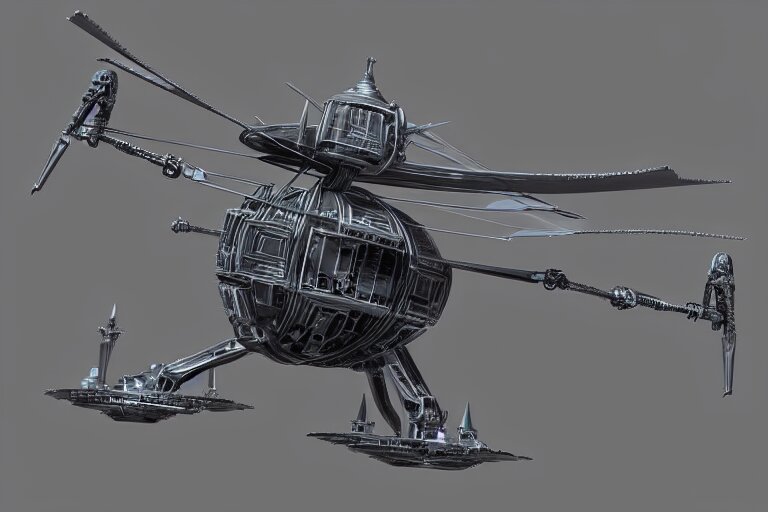 concept art of a futuristic helicopter, in gunmetal grey, extremely symmetrical, blueprint schematics, top down view, bottom view, side view, aggressive panels, mecha inspired, russian chopper, minigun turret, robotic, highly detailed, artstation, pinterest, super realistic, houdini 3 d, octane render 