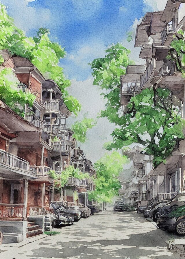 street lined with old residential houses summer watercolor by arti chauhan trending on artstation 