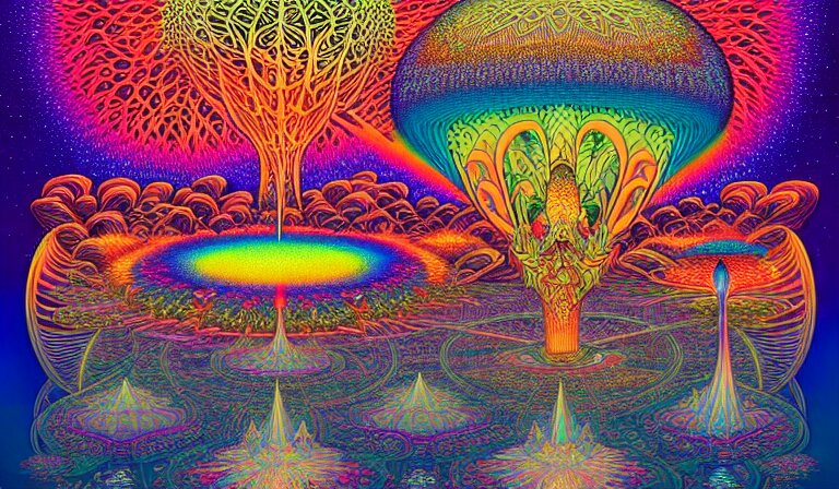 an expansive rendering of beautiful and complex oneness of all things by dan mumford, by jim fitzpatrick, by joe wilson, by jim burns, by victo ngai, by jacek yerka, surrounded with colorful magic mushrooms and rainbowcolored marihuana leaves, insanely integrate, featured on deviant art, trending on artstation 