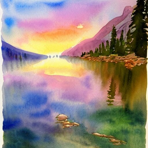 alpine lake. bautiful sunrise. watercolor. trending on artstation 