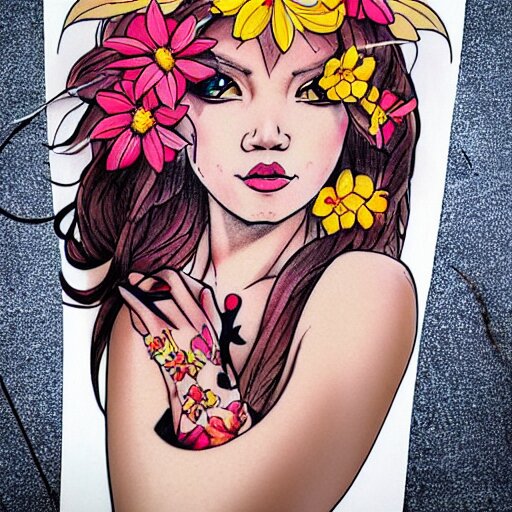 tattoo design, stencil, beach photography, tattoo stencil, traditional, beautiful portrait of a traditional Hawaiian girl with flowers in her hair, upper body, by artgerm, artgerm, artgerm, digital art, cat girl, anime eyes, anime, sexy, super model-s 100